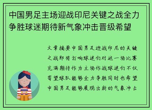 中国男足主场迎战印尼关键之战全力争胜球迷期待新气象冲击晋级希望